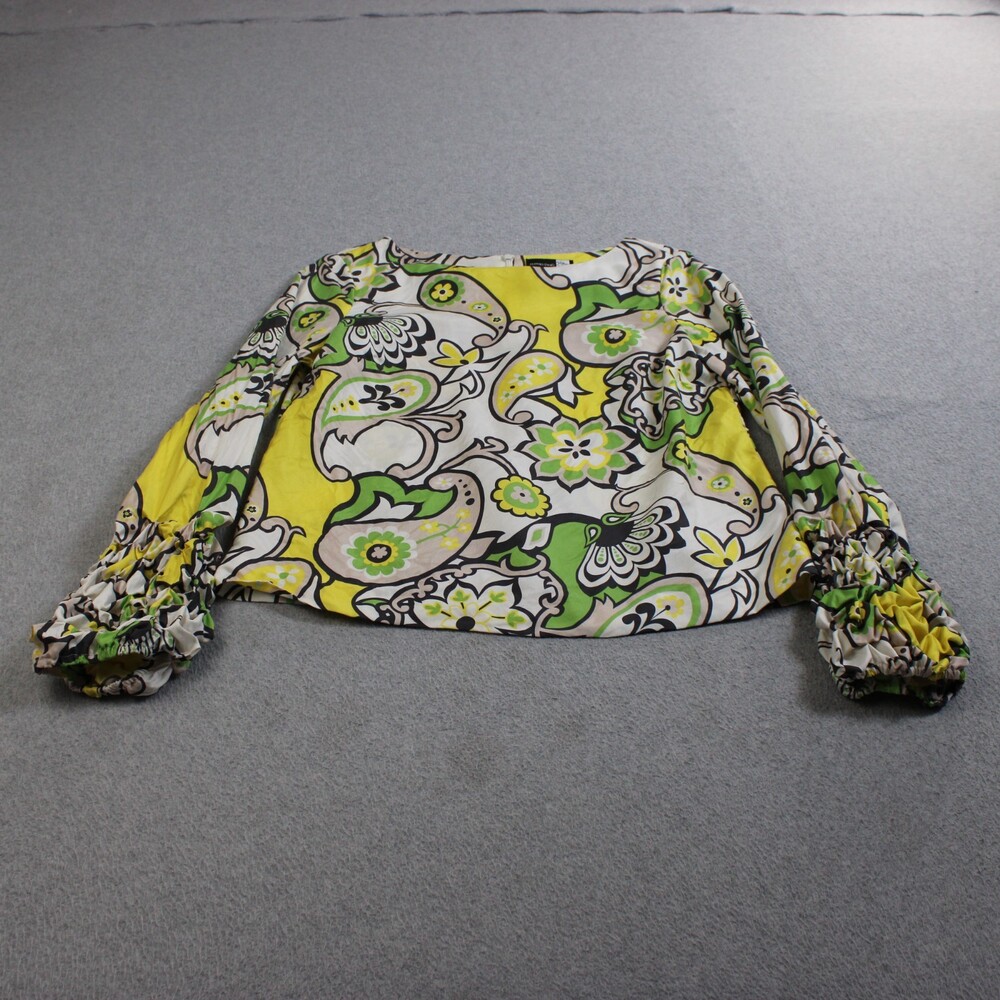 Saks Fifth Avenue Silk Shirt Women 6 Yellow Paisley Ruched Sleeve Retro Boho Art